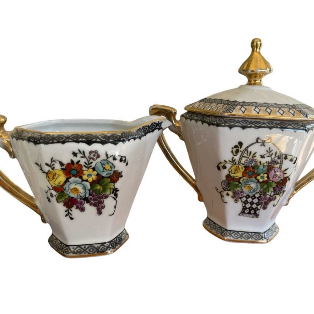 vintage Noritake Nippon hand painted porcelain sugar bowl + creamer